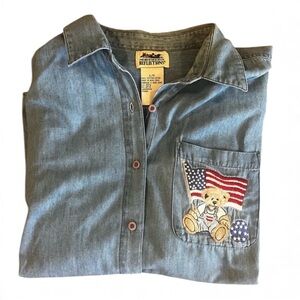 Denim Shirt Short Sleeve Button Down Embroidered Teddy Bear Sz L